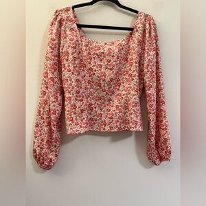Lush Floral Square Neck Top with Keyhole Back in Red and Pink - M